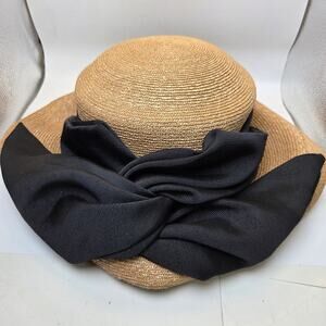 Callanan Millinery Straw Boater Hat Oversized Bow Ribbon Skimmer One Size